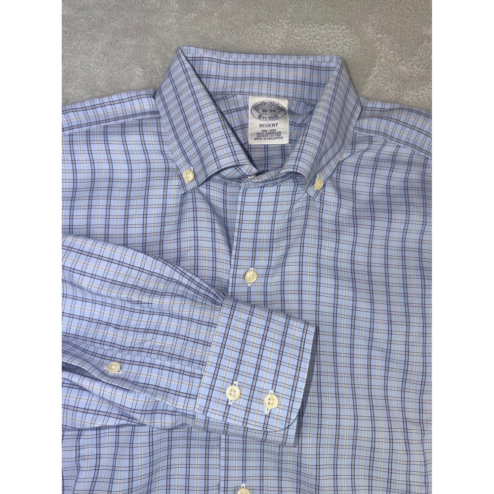 Brooks Brothers Regent Dress Shirt Mens 16X34 Blue Check Supima Cotton Non-Iron